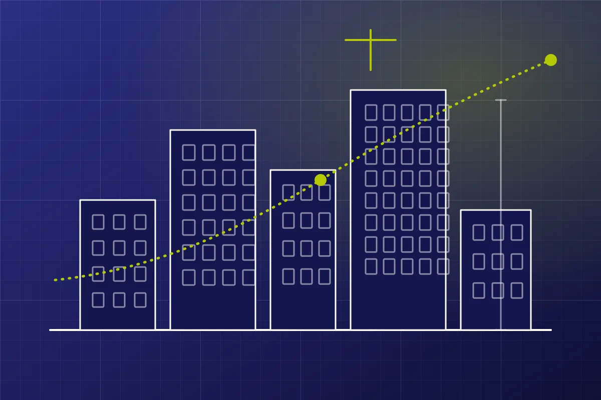 Ilustração técnica de edifícios com cotas e curva de crescimento
